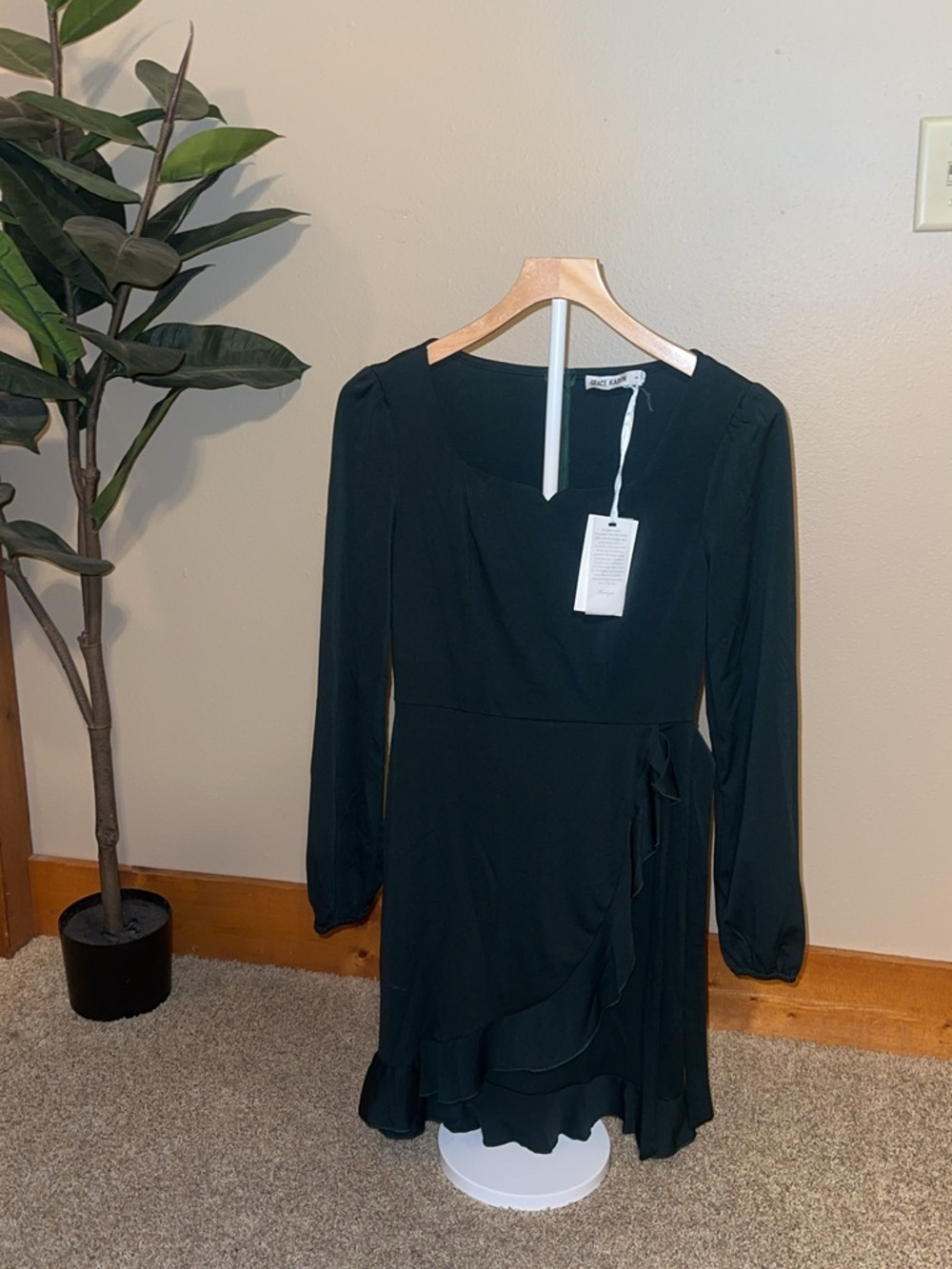 Long-Sleeve dark green Wrap Ruffle Dress